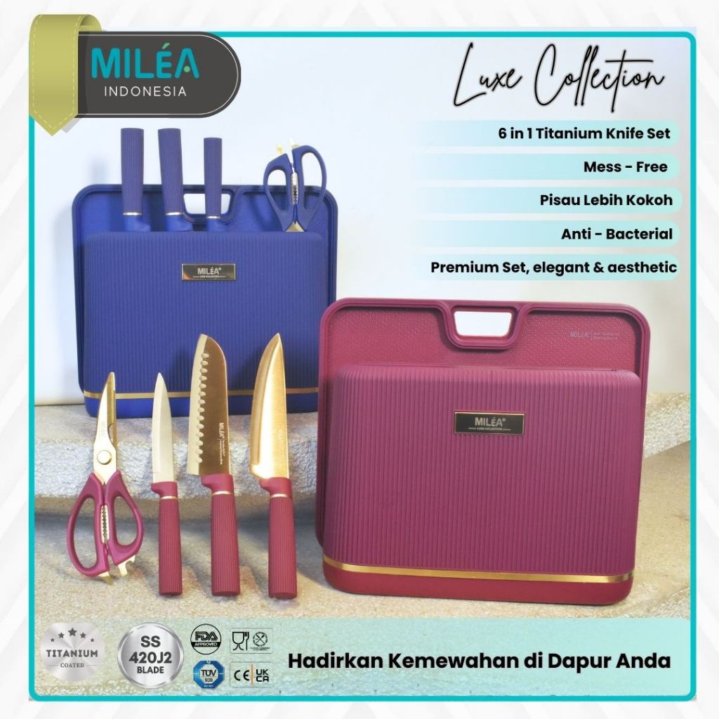 MILEA - 6in1 Pisau Set Dapur dengan Talenan Luxe Collection | Kitchen Knife Satu Set Tajam Cookware