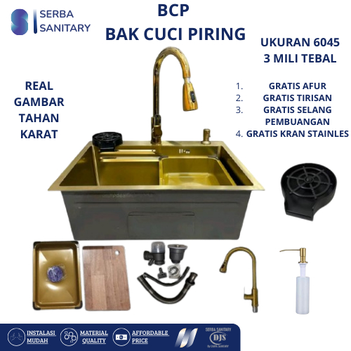 Wastafel Minimalis Gold 60x45 cm Kitchen Sink Bak Cuci Piring Stainless Steel Tahan Karat Komplit Set Kran Kran Modern Premium Quality gold