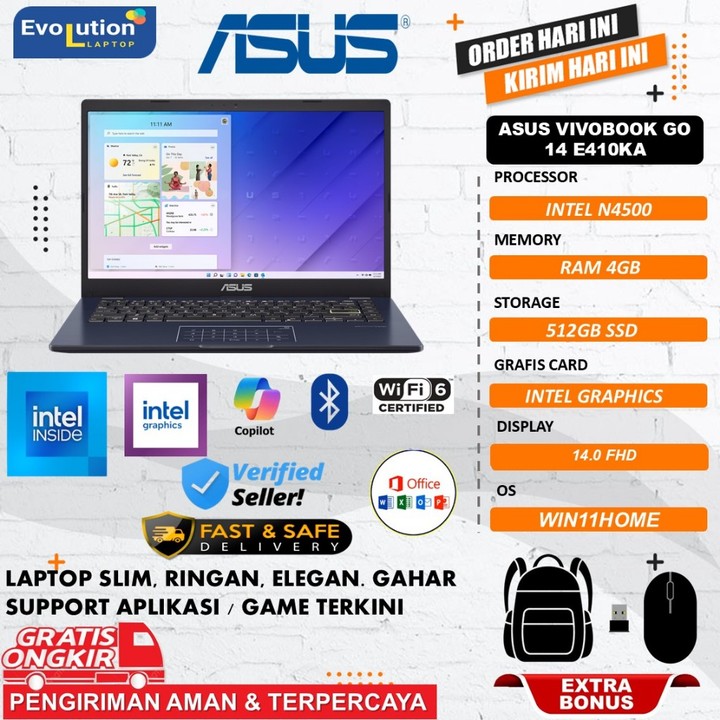 Laptop Asus Vivobook GO 14 E410KA Intel core N4500 8GB 512GB Ssd nvme windows 11