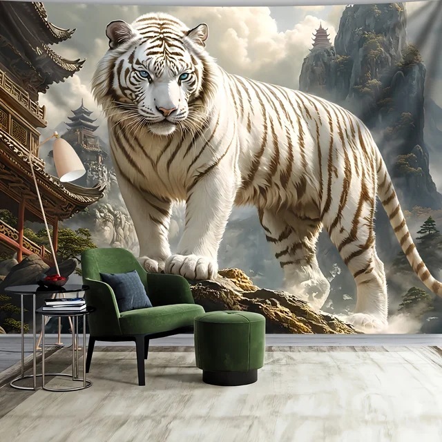 Latar Belakang Dinding Harimau Putih Menarik Rezeki, Latar Belakang Layar Populer Harimau Selatan untuk Ruang Tamu, Lukisan Dekorasi Dinding Toko