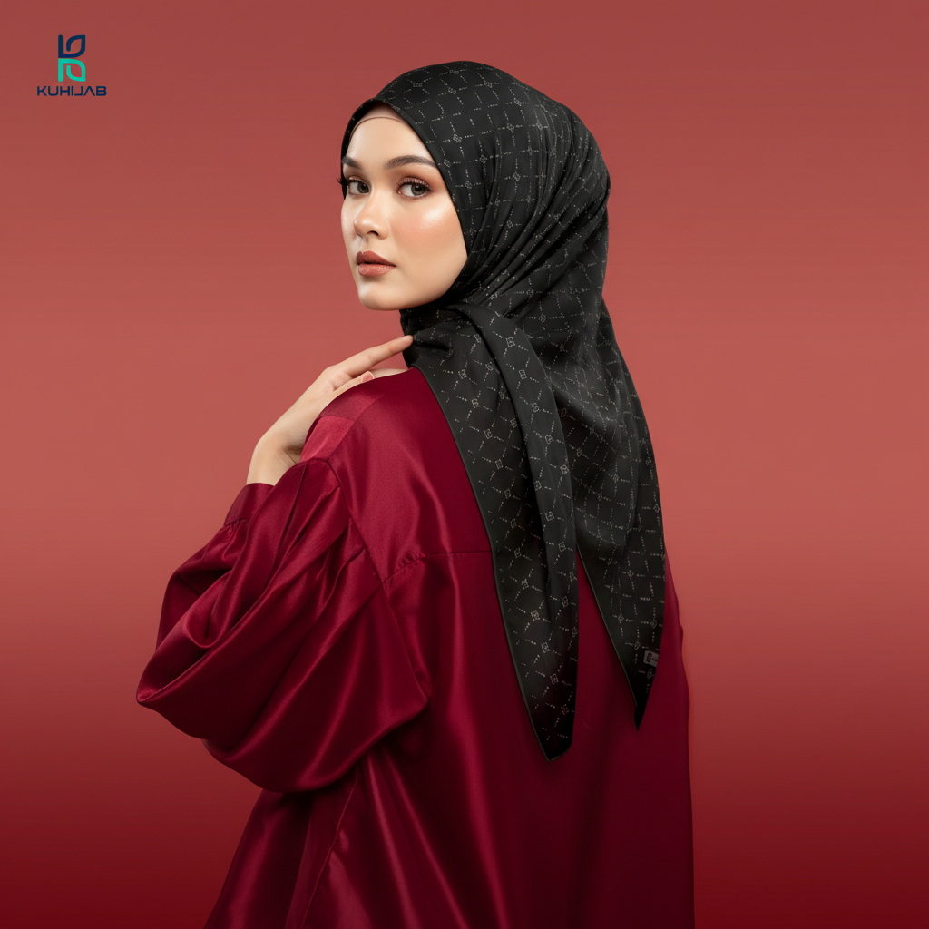 KUHIJAB Monogram Series Jilbab Motif Floral Kerudung Segi Empat Hijab Scarf Bahan Voal Laser Cut