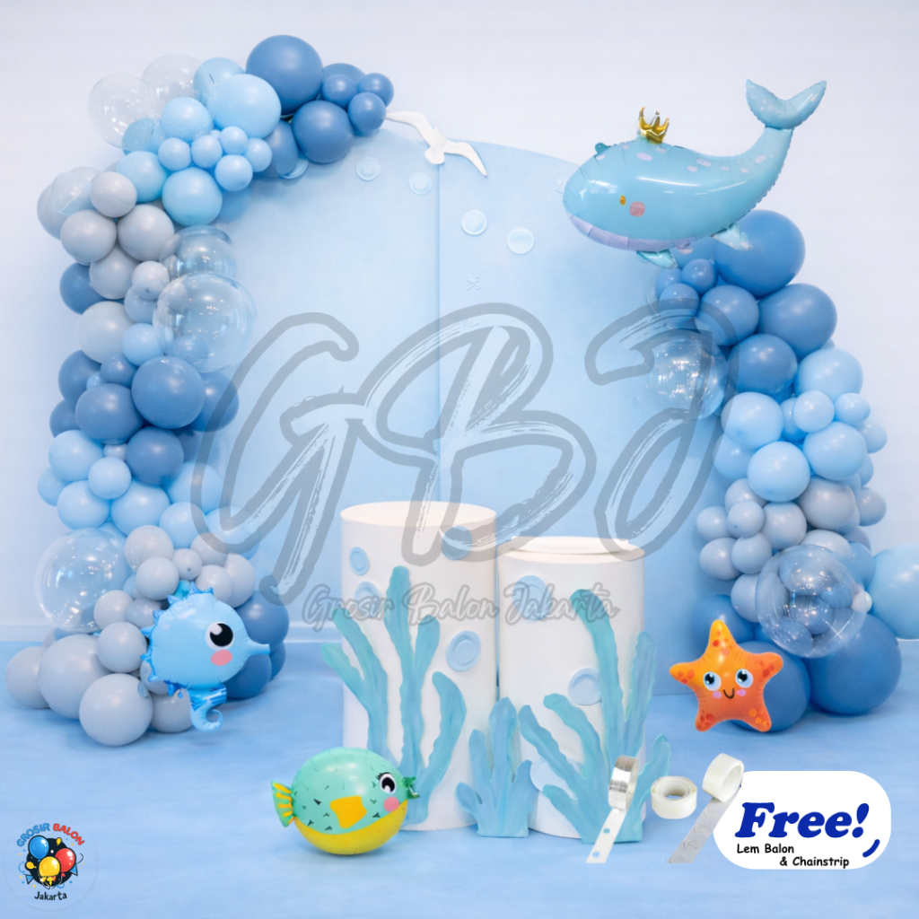 [PAKET PREMIUM] Garland Birthday JUMBO Whale Crown Set / Paket Ultah Binatang Laut Cute / Sea Animal Paus