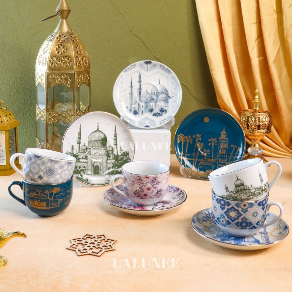 Cangkir Set Lebaran isi 6 Cangkir 6 Piring - Tea Set Special Idul Fitri - Hampers Ramadhan