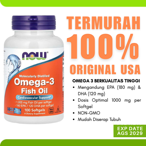 Jual Vitamin Suplemen Omega 3 1000 mg fish oil 180 EPA 120 DHA Now 100 ...