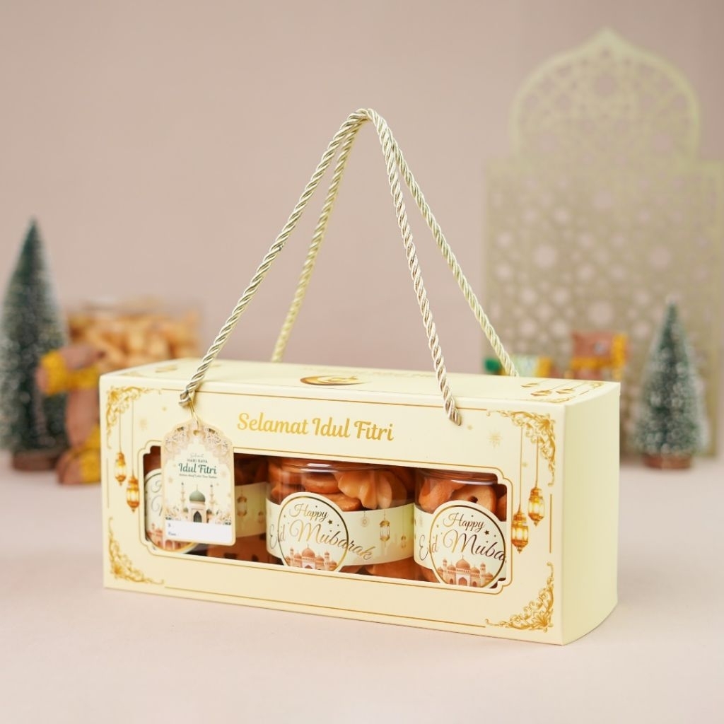 Box Lebaran Set Hang Tag Box Lebaran 3 Toples 600ML Bolu Gulung Idul Fitri Box Lebaran Cream'