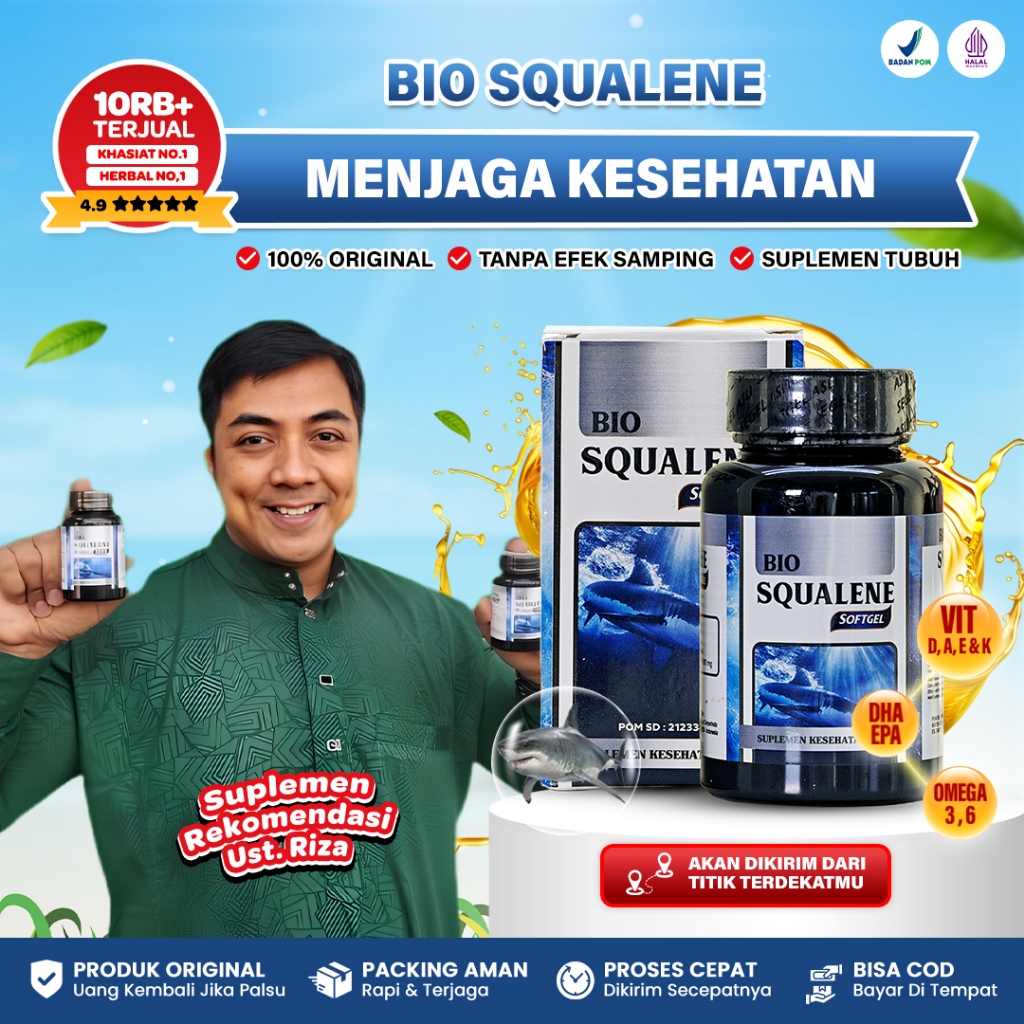 Agen Resmi BIO SQUALENE Softgel Asli 100% Original Suplemen Premium Minyak Hati Ikan Hiu Bpom Halal