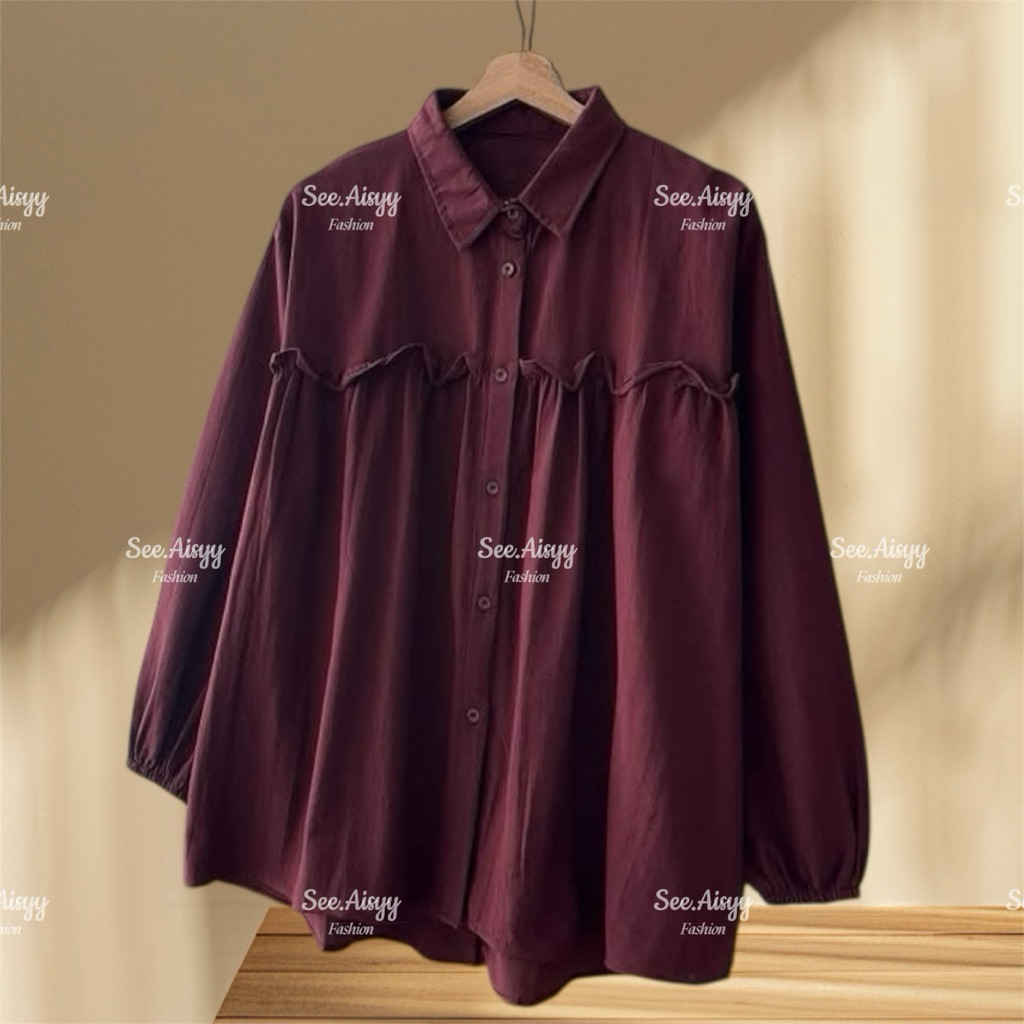 Jual Blouse ruffle polos rayon twill baju wanita lengan panjang atasan ...