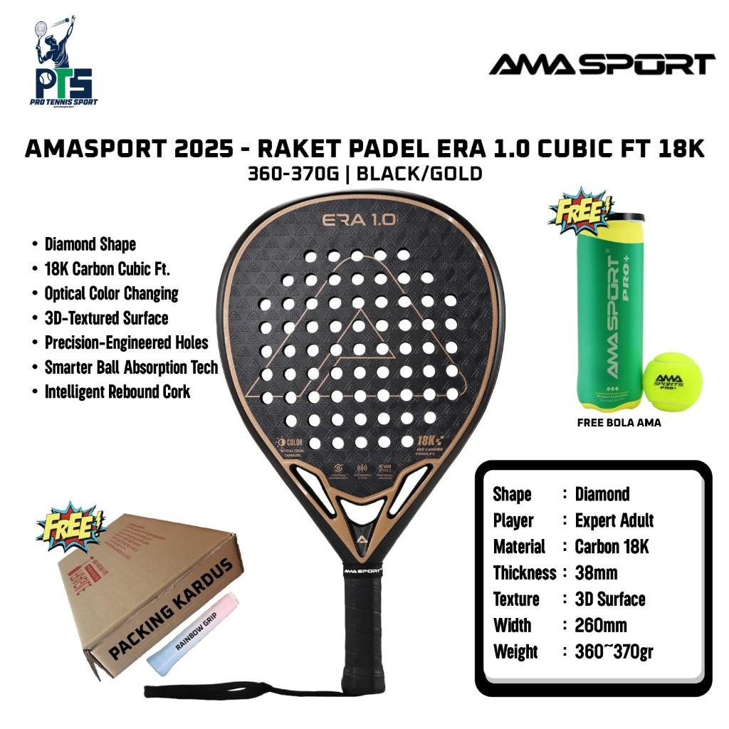 Jual Raket Padel AMASPORT ERA 1.0 Cubic FT 18K 360-370G Black Gold ...