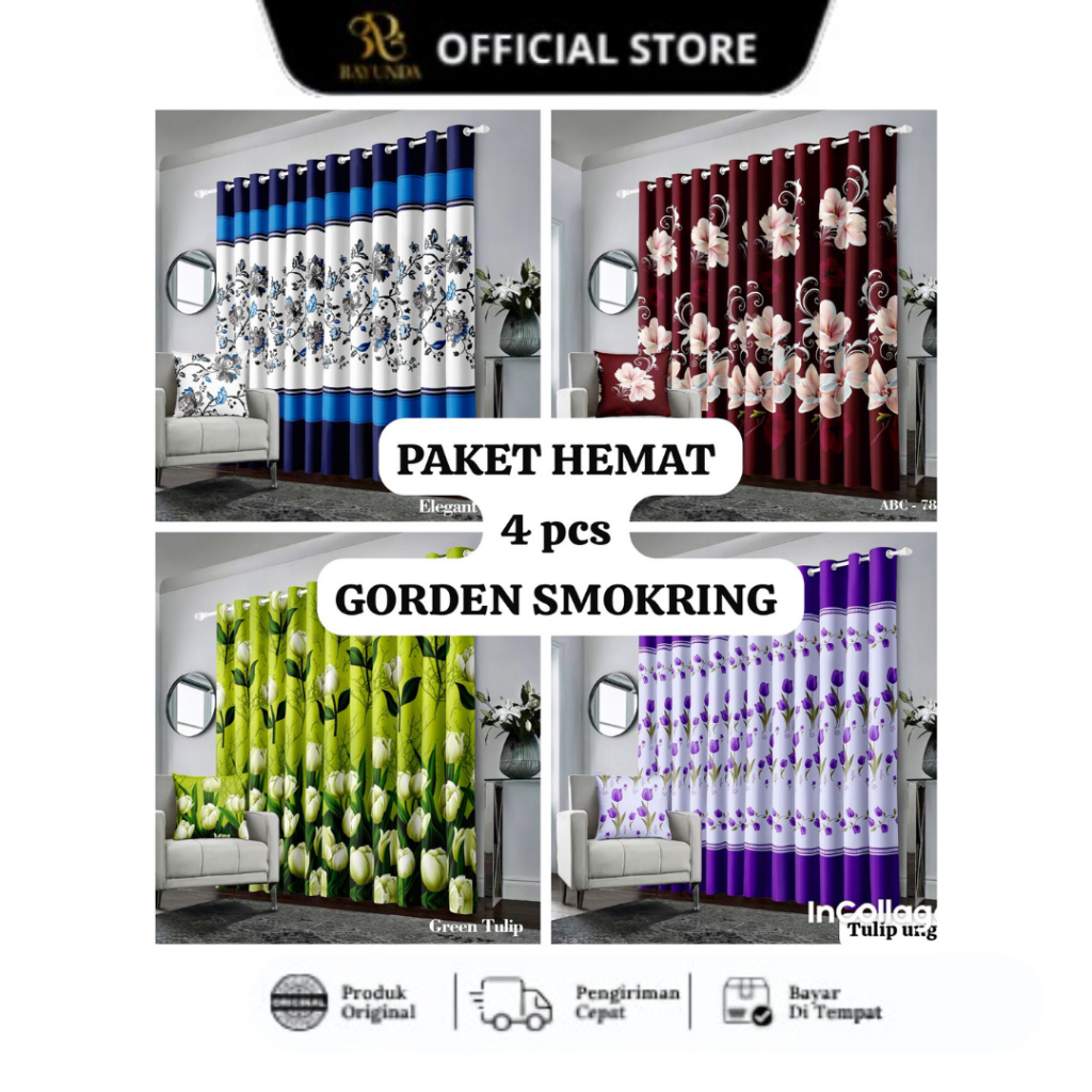 (Paket isi 4) Gorden Smokring 12ring free tali gorden/gorden pintu jendela motip sultan gratis tali gorden