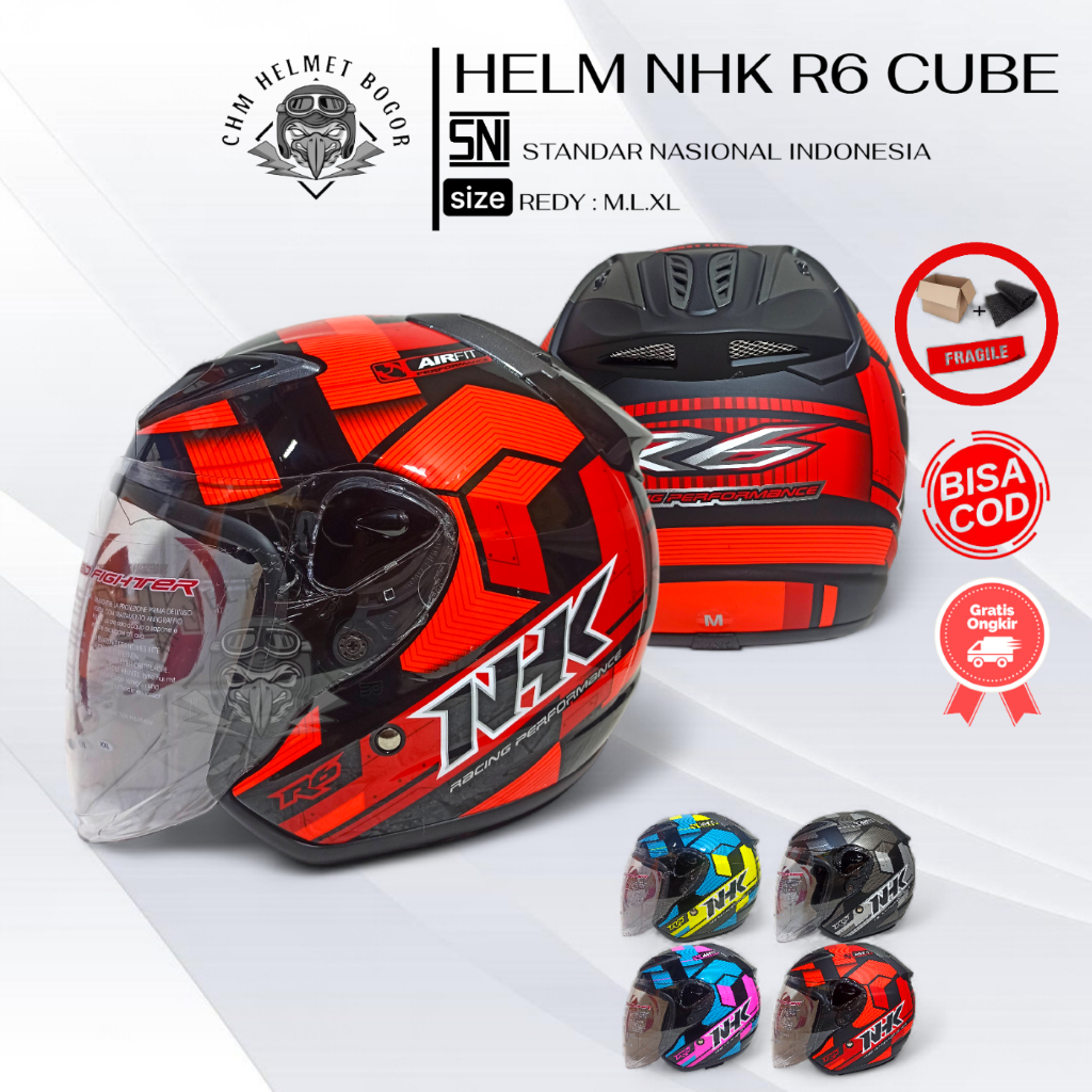 Jual Helm half face Nhk R6 Motif Cube Black Red | Helm NHK Original ...