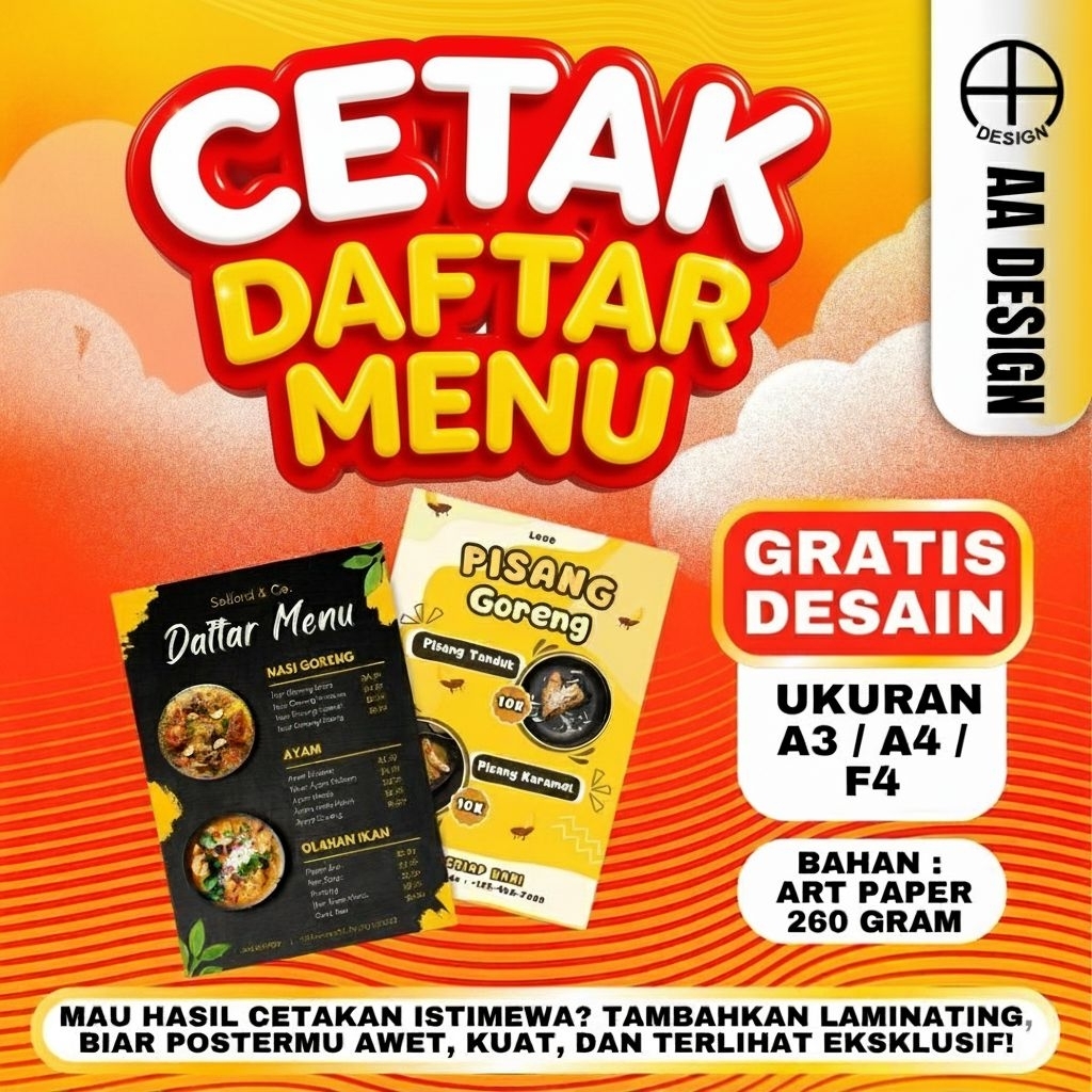 Jual Cetak Daftar Menu | Gratis Desain | Ukuran A3/A4/F4 | Artpaper 260 ...