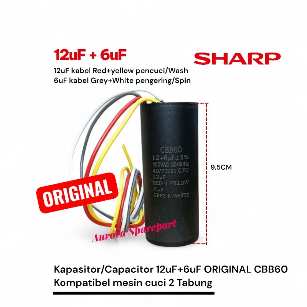 Jual kapasitor/Capacitor 12uF+6uF Original CBB60 kompatibel mesin cuci ...