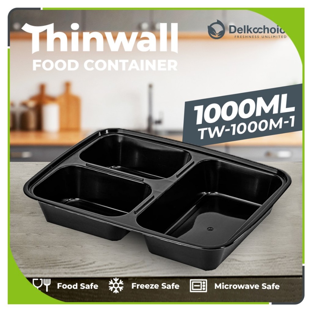 Jual Thinwall Food Container Box Rectangle Persegi Hitam 3 Sekat 1000ml ...