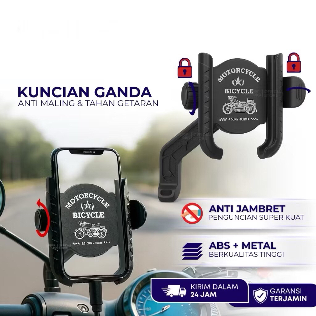 (COD) HOLDER HP MOTOR SPION VA08 MOTOGRIP DOUBLE LOCK BESI MOBILE PHONE STAND TEMPAT DUDUKAN HANDPHONE KUNCI OTOMATIS VANGO
