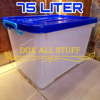 Kontainer Container Box Kotak Tempat Penyimpanan Pindahan Baju Pakaian Buku Serbaguna 75 Liter 75L 75 L Plastik Sedang Besar Tebal Kuat Kokoh Antipecah Anti Pecah Dengan Roda Beroda Transparan Bening Warna Putih Premium Estetik Aesthetic Minimalis Murah