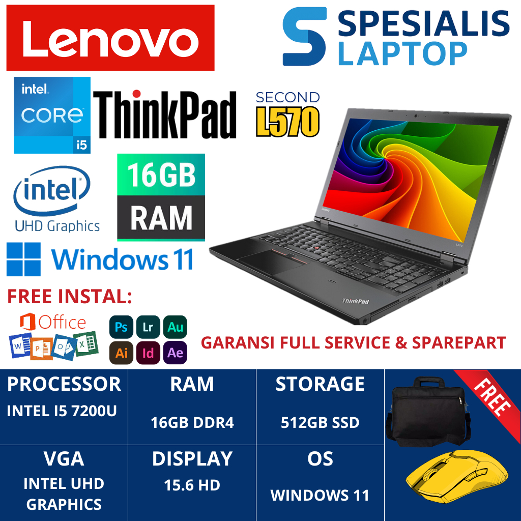 Jual Laptop Lenovo Thinkpad L570 Intel i5 7200U RAM 16GB SSD 512GB
