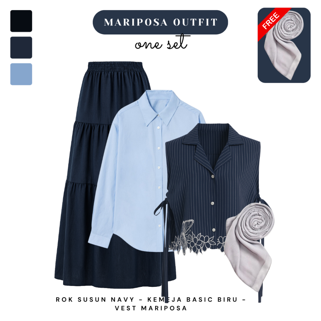 Jual One Set Outfit Wanita Hijab Style ( Kemeja Biru , Vest Mariposa ...