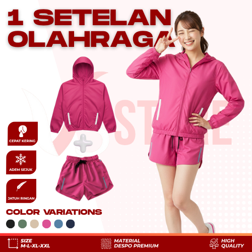 V3 - 1 Set Jaket Celana Olahraga Wanita Aktivitas Outdoor Hiking Running Trailrun Simple