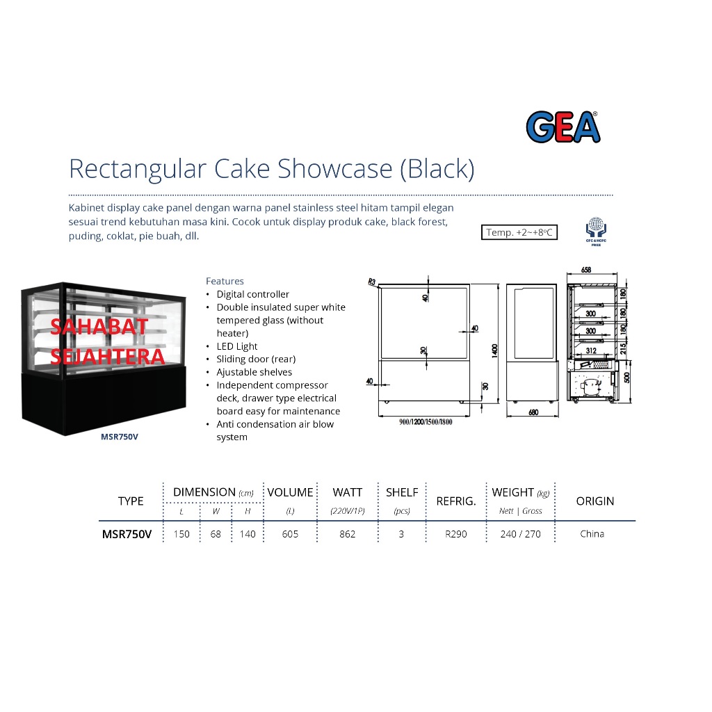 Jual GEA Rectangular Cake Showcase Black Marble MSR-750V Kabinet ...