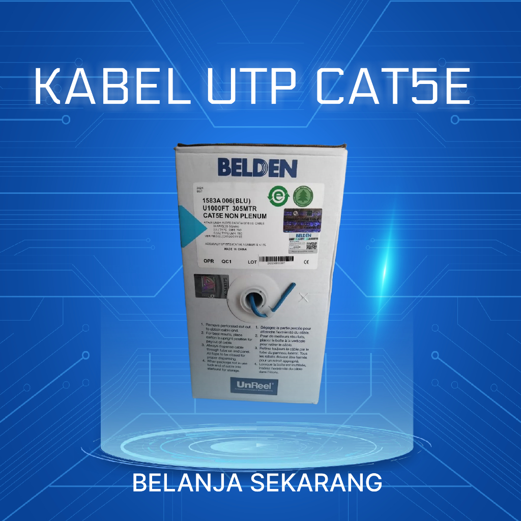 Jual Ready Kabel LAN CAT5E BELDEN UTP Blue Line Roll 305M OriginalKabel ...