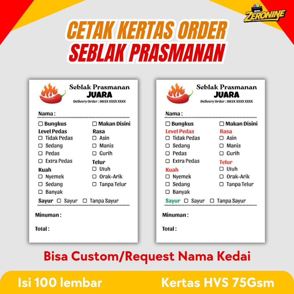 Jual (100pcs) Kertas order seblak prasmanan bebas custom atau request ...