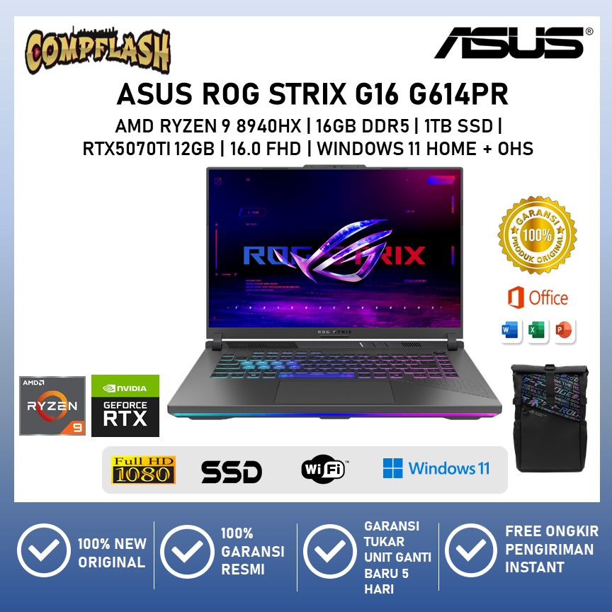 Jual ASUS ROG STRIX G16 G614PR RYZEN 9 8940HX RTX5070TI 12GB/ 16GB 1TB ...