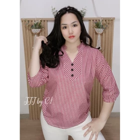JJJ LYN Blouse Naysoo Atasan Wanita Motif Kotak Atasan Kerja Atasan Kasual