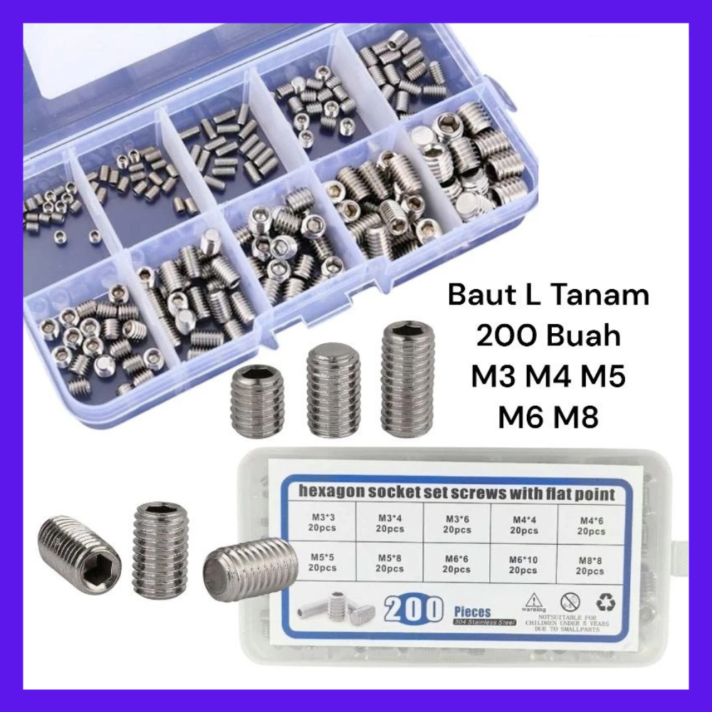 Jual Set Baut L Tanam Sekrup Soket Hex M3-M8 Headless 200 PCS Socket ...