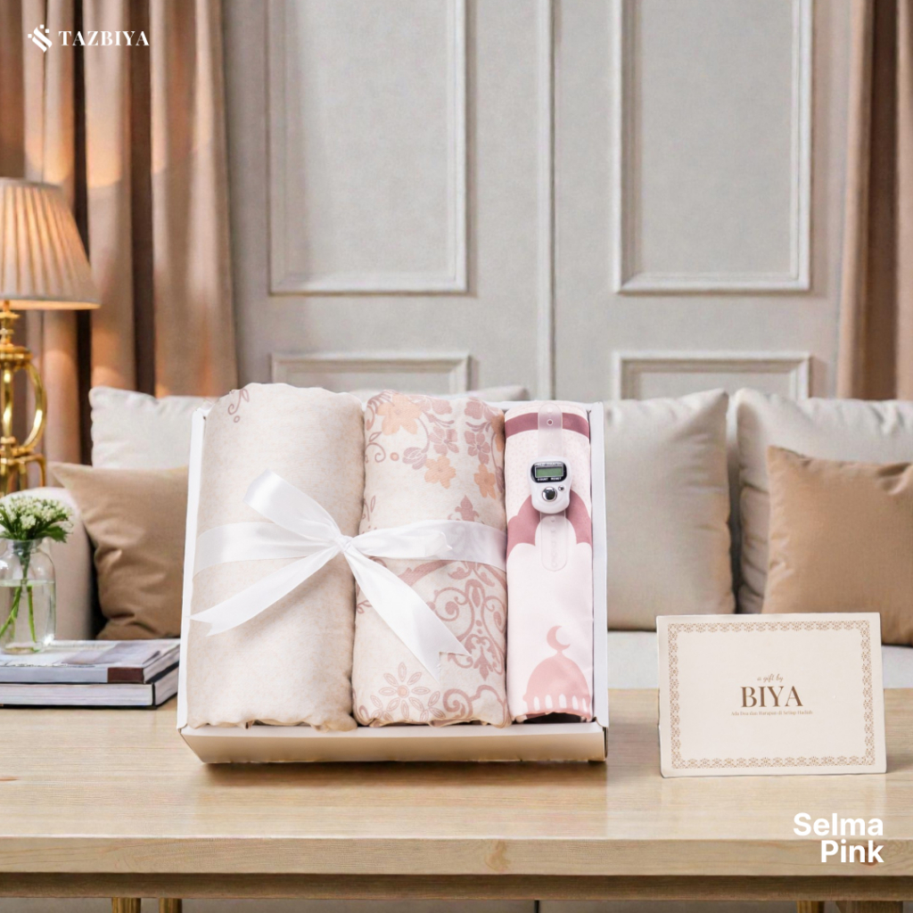 Tazbiya - Hampers GIFT MUKENA PREMIUM (Set Gift Hampers Mukena Bahan Silk dan Rayon Satin dengan Box, Amplop, Card | Hampers Hadiah Kado Seserahan | Hampers Hadiah Guru)