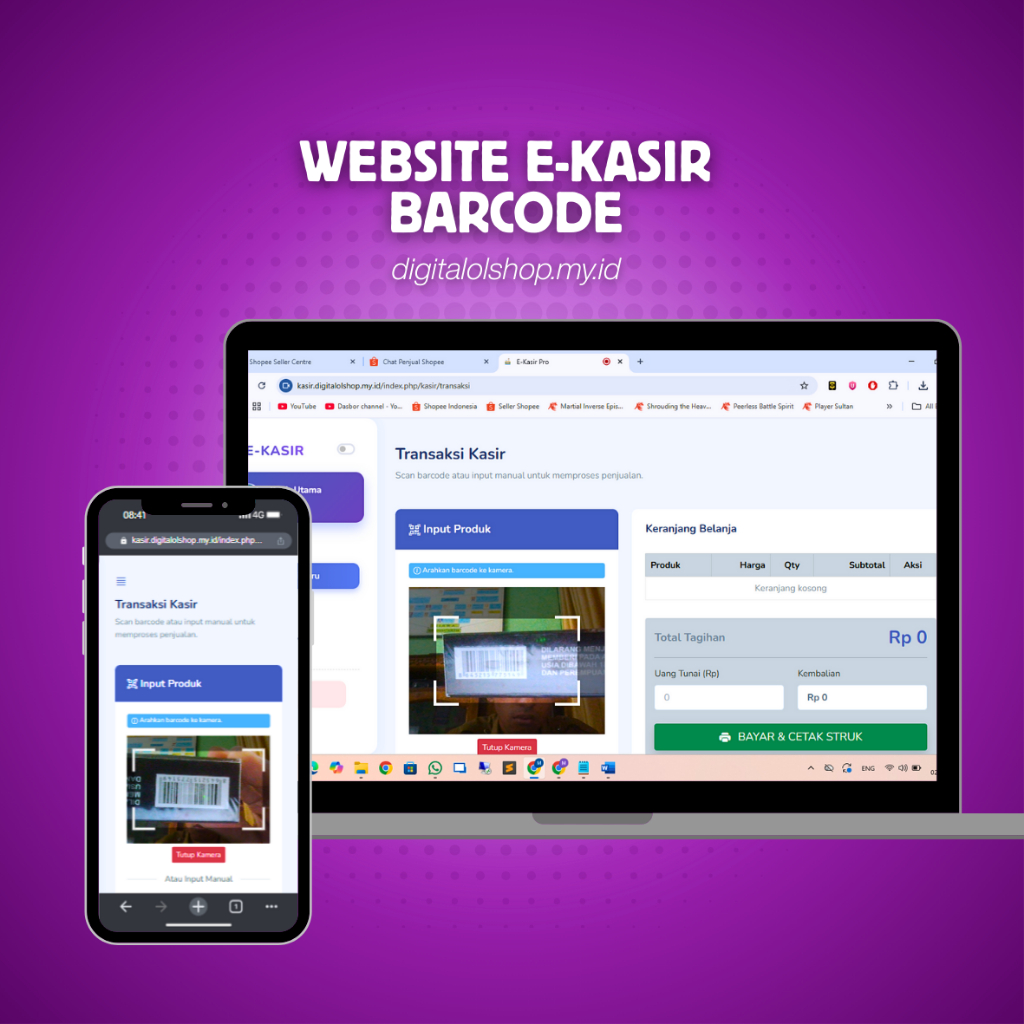 Website POS Kasir Scen Barcode Melalui Kamera HP / Webcam, Online | Offline