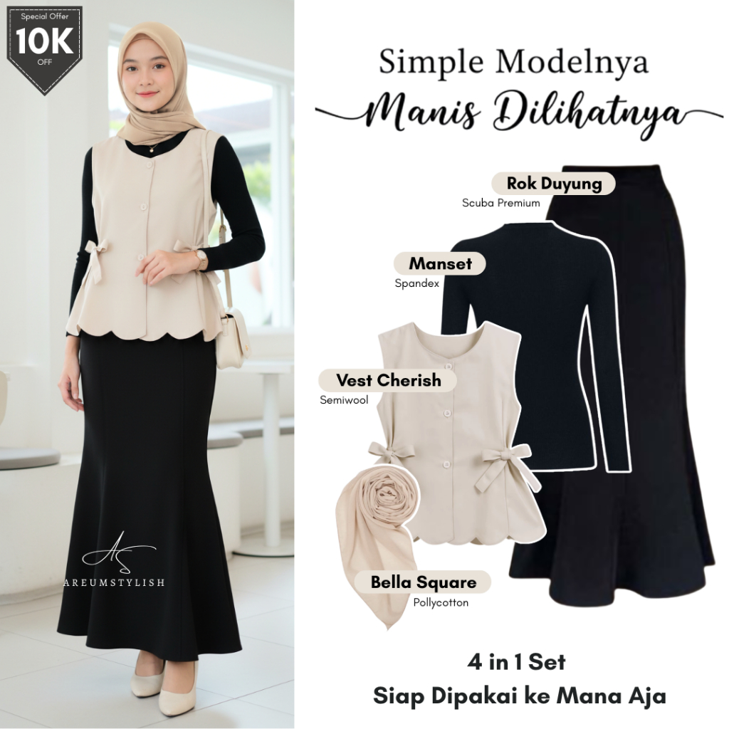 Jual One Set Wanita Kekinian 3 in 1 | Vest Cherish + Manset + Rok ...