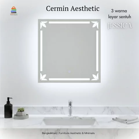 Jessica Cermin LED Sanblast Touchscreen Dinding Kaca Cermin Lampu Aesthetic Cermin Kamar Mandi