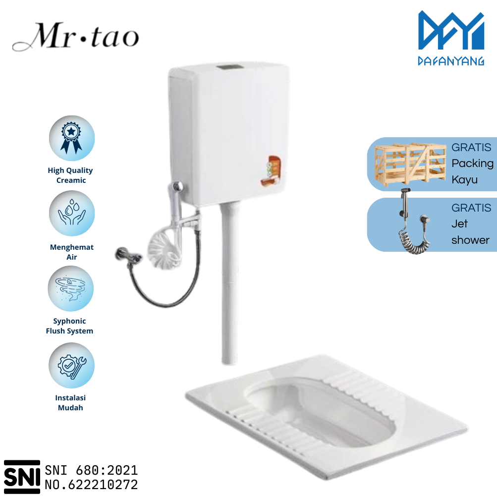 Kloset Jongkok Mr.Tao 1Set SNI + Watertank Flush - Packing Kayu Kargo | Toilet WC Jongkok Bahan Keramik Warna Putih