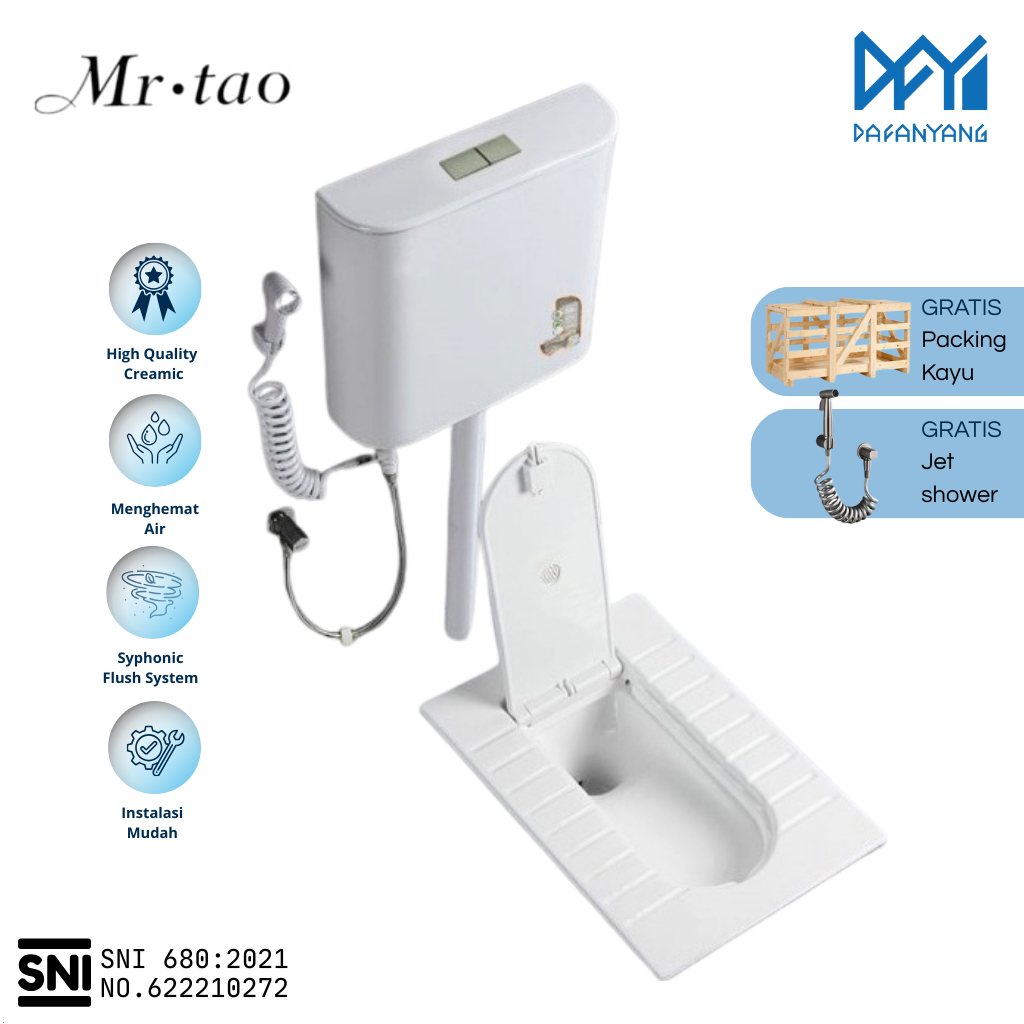 Kloset Jongkok Mr.Tao Original 1 Set SNI Dengan Penutup + Watertank Flush - Free Packing Kayu | Toilet WC Keramik Kamar Mandi Jet Shower Flush set