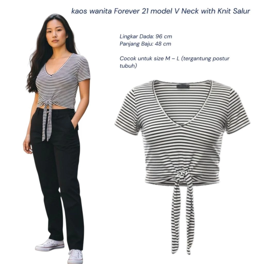 Kaos Wanita Forever 21 V-Neck Knit Salur - Jevelis Fashion