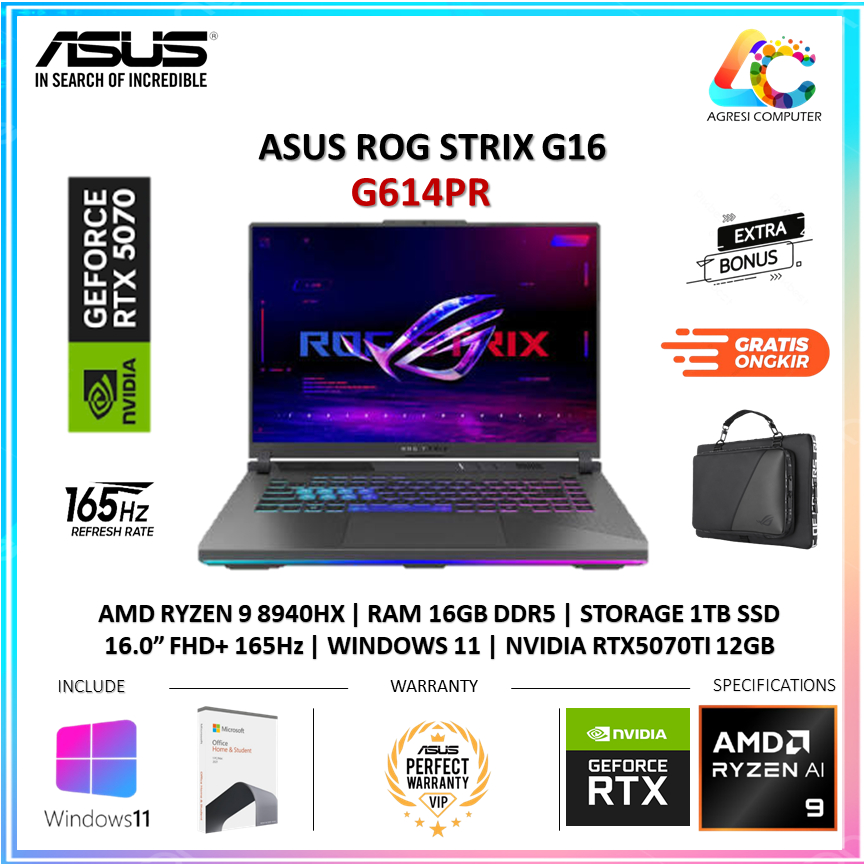 Jual Asus Rog Strix G16 G614PR Ryzen 9-8940HX RTX5070TI 12GB/ 16GB 1TB ...