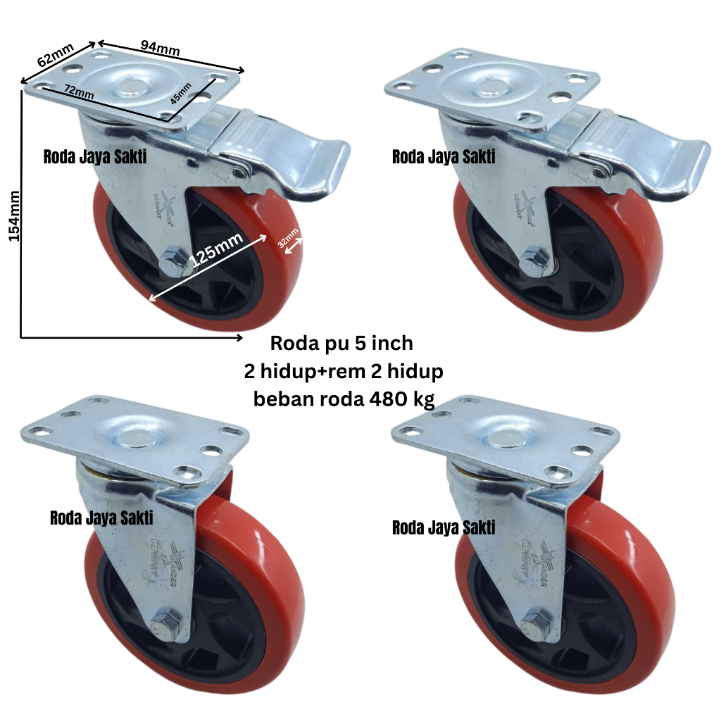 Jual Roda pu 5 inch 2 hidup+rem & 2 hidup beban roda 480 kg | Shopee ...