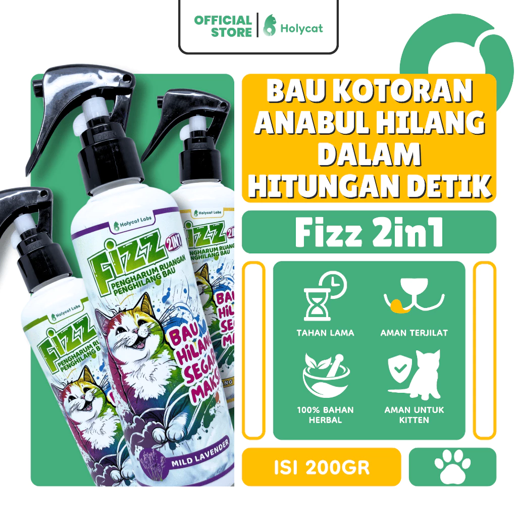 Holycatlabs Fizz Penghilang Bau Kotoran Kucing dan Anjing Aman Terjilat isi 250ML