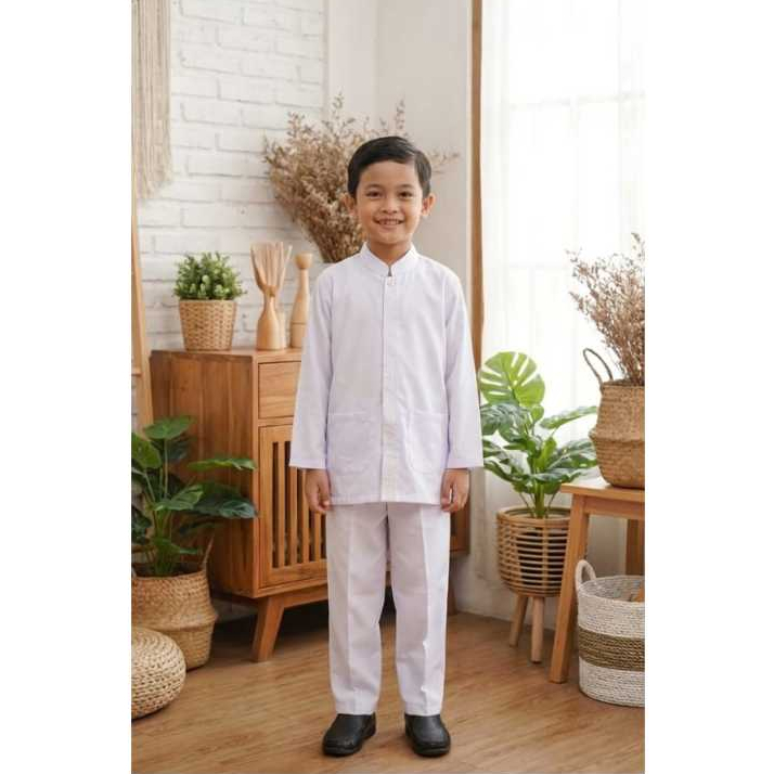 Al qadr Baju Koko Anak Laki laki Stelan Muslim Putih Lengan Panjang Bordir