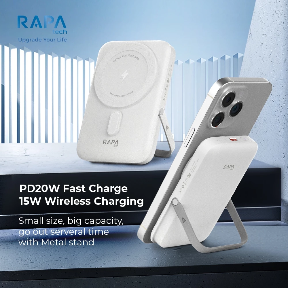 RAPAtech Powerbank Origin PRO 10000 mAh Wireless Fast Charging 15W + PD 20W with Metal Stand - foto 1