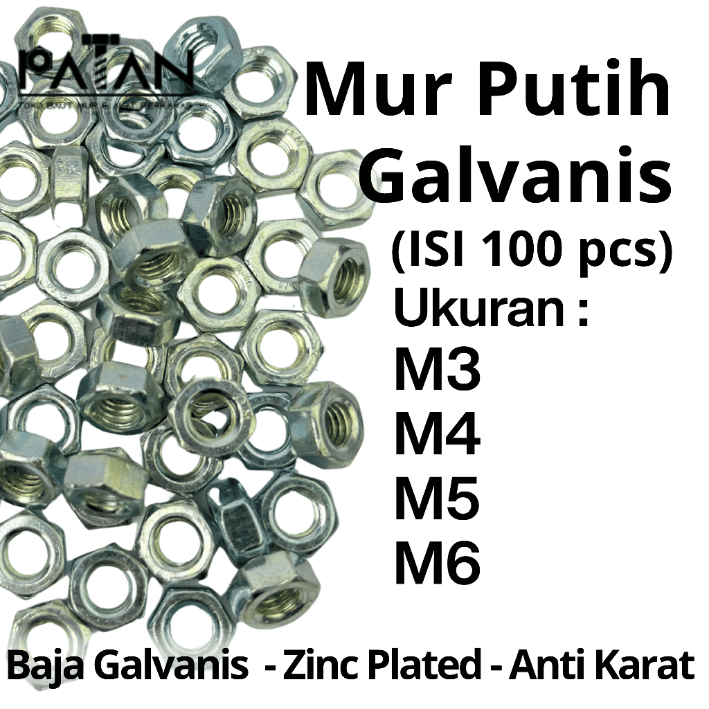 Jual [ISI 100 PCS] Mur Putih Hexagonal Galvanis M3, M4, M5, M6 | Shopee ...