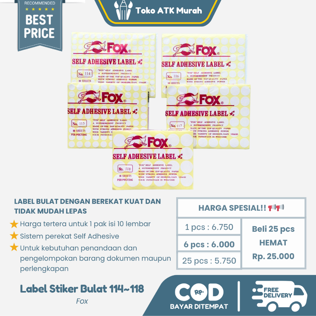 Jual Stiker Label Fox Bulat - Self Adhesive Label No. 114 / 115 / 116 ...