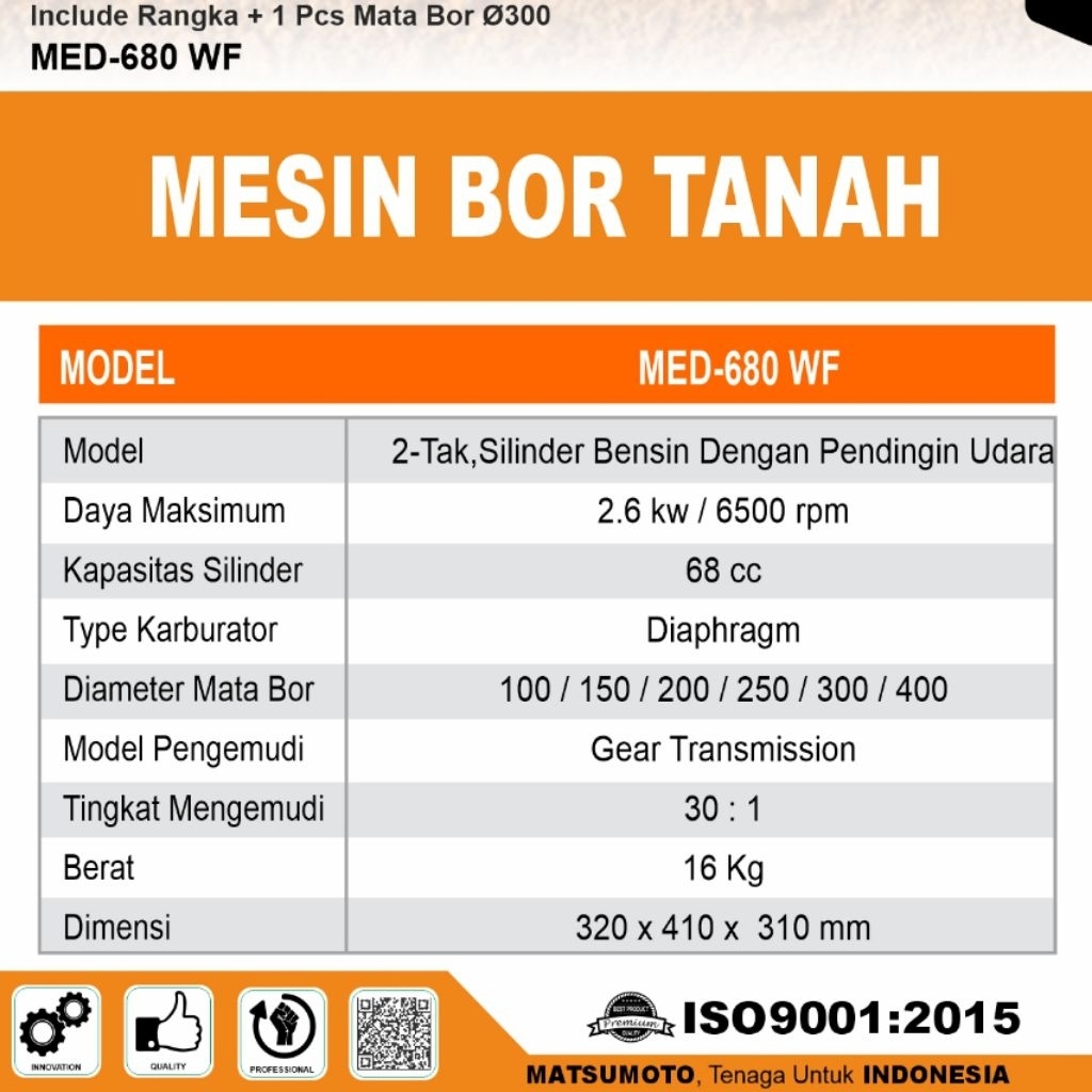 Jual Mesin Bor Tanah MATSUMOTO MED 680 WF + Drill 4 Inch 100 MM ...