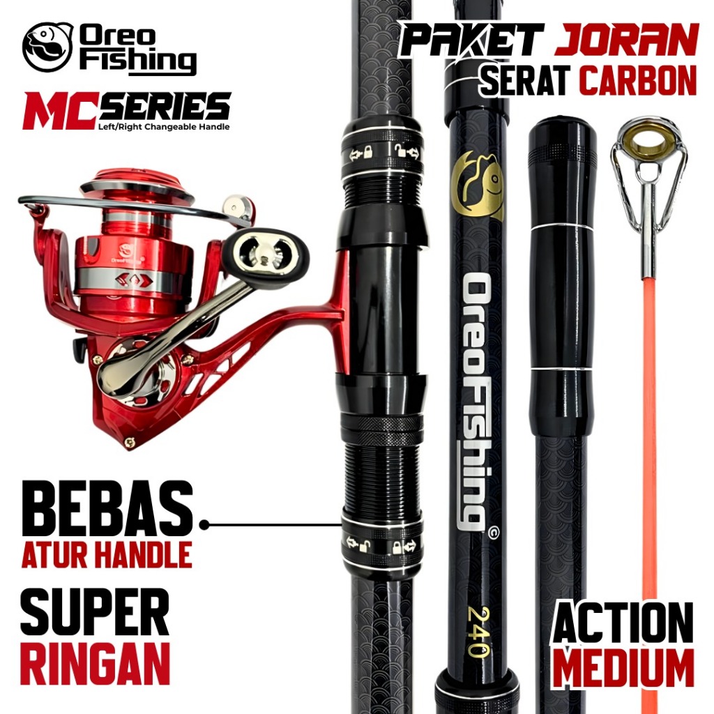 Oreo Fishing Paket Set Joran Pancing Laut Serat Carbon Action Medium + Reel Pancing Spinning MC Series Spool Metal