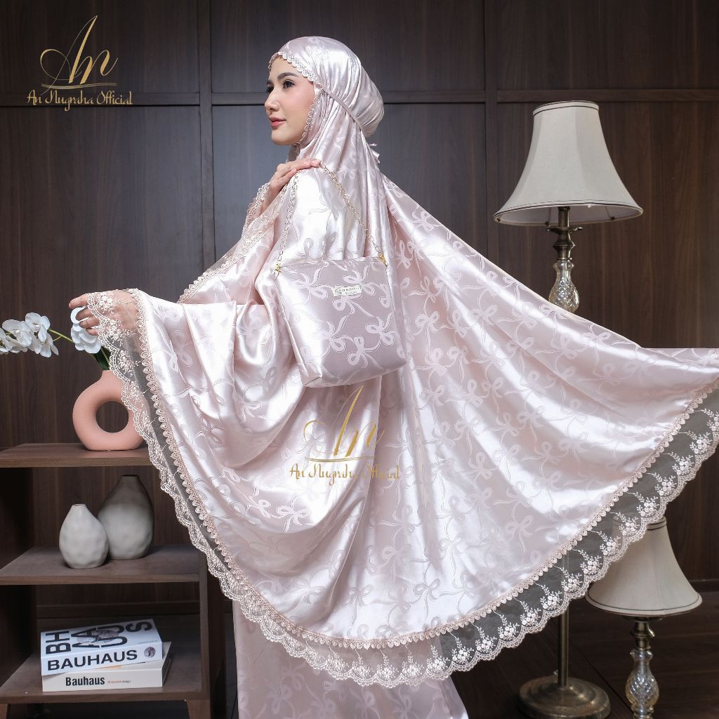Mukena Dewasa Armany Silk Jacquard Motif Embos Mewah 2in1 Renda