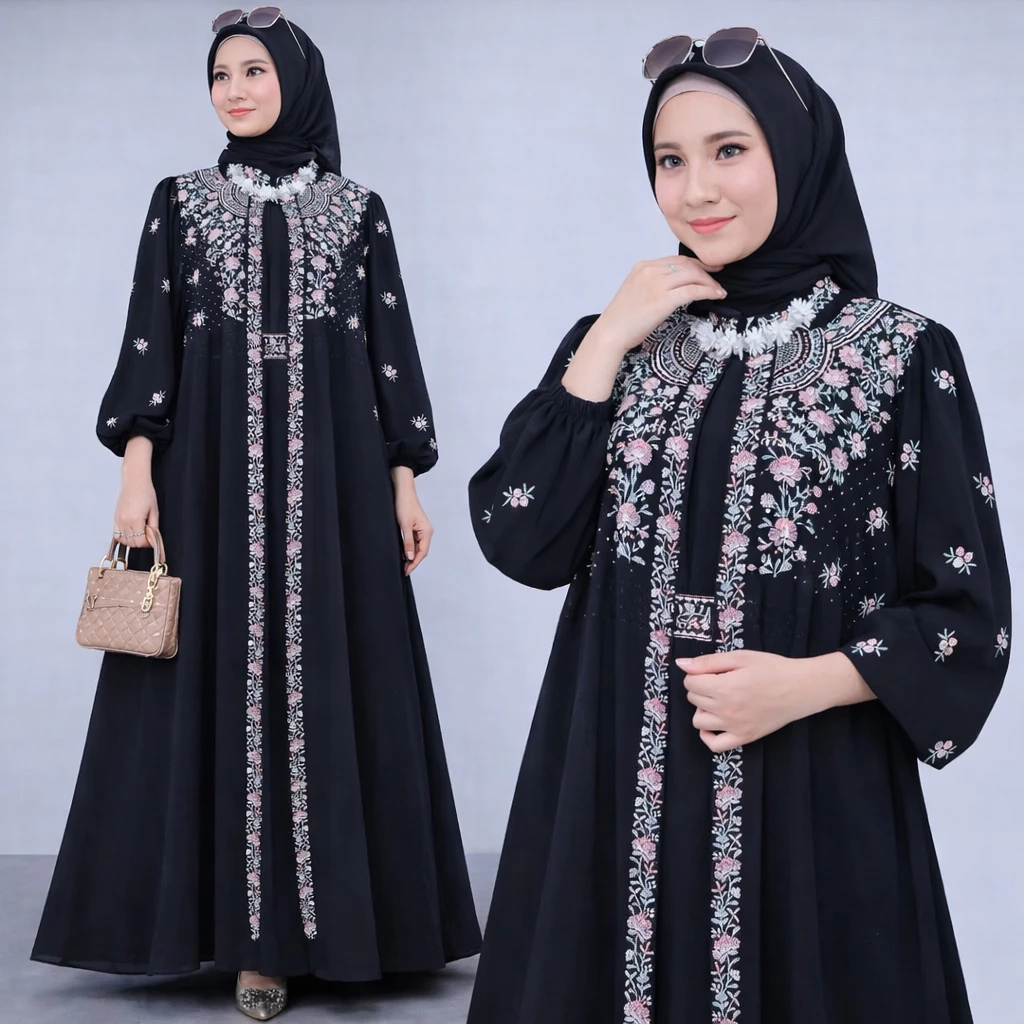 Gamis Muslim Wanita Ceruty Babydoll Mix Bordir Lebaran Kondangan untuk acara spesial