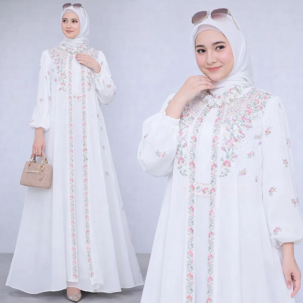 Gamis Muslim Wanita Ceruty Babydoll Mix Bordir Lebaran Kondangan tampilan keseluruhan