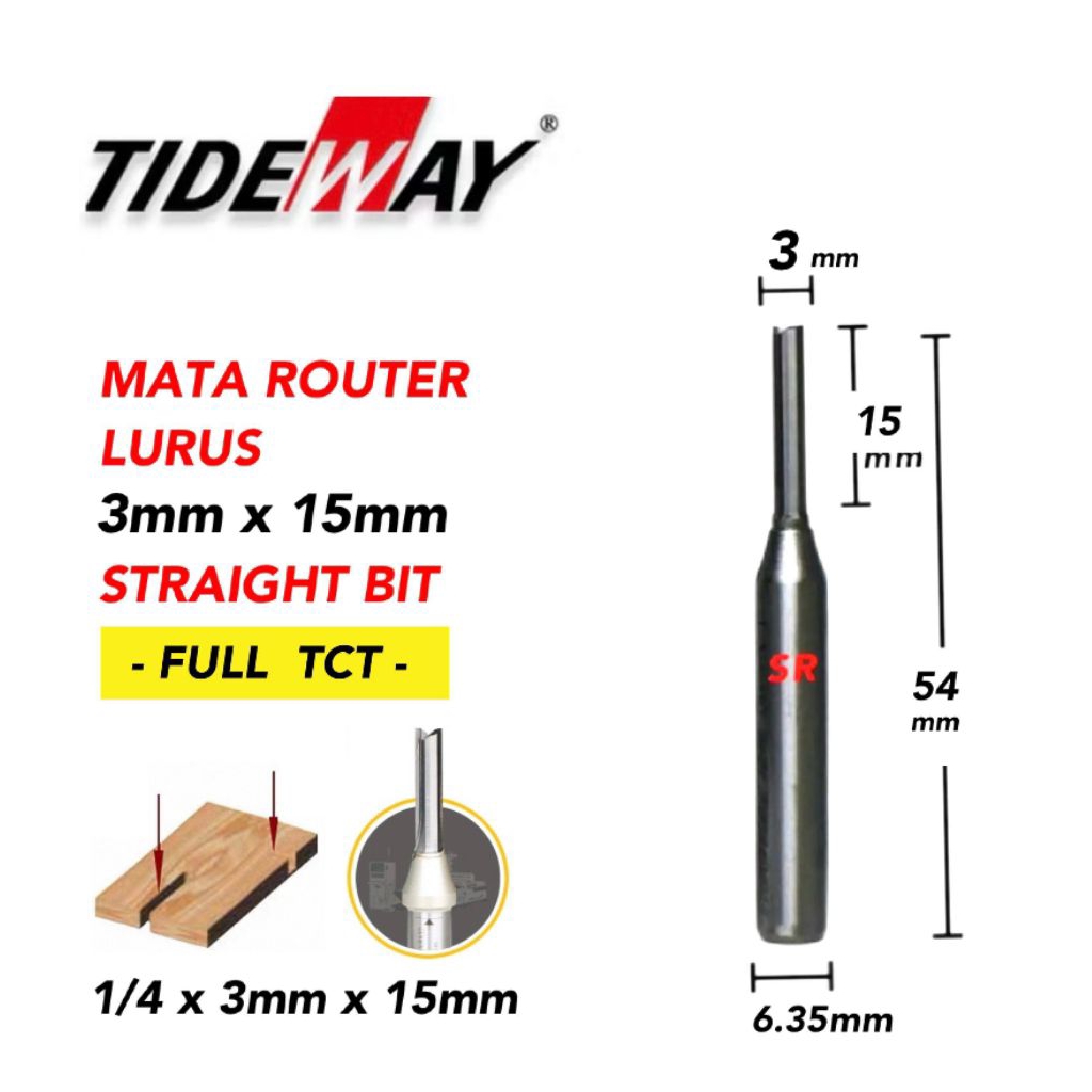 Jual Mata Router/ Profil 3mm × 15mm As 1/4 Inch Full TCT Straight Bits ...