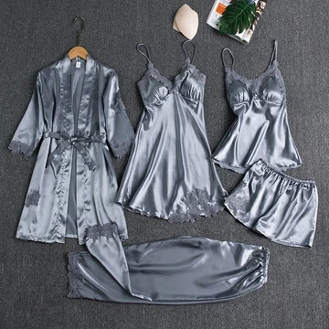 Pajamas Silk 5in1 Seserahan Set Sexy Kimono Renda Baju Tidur Impor 1 Set 5Pcs Satin Premium