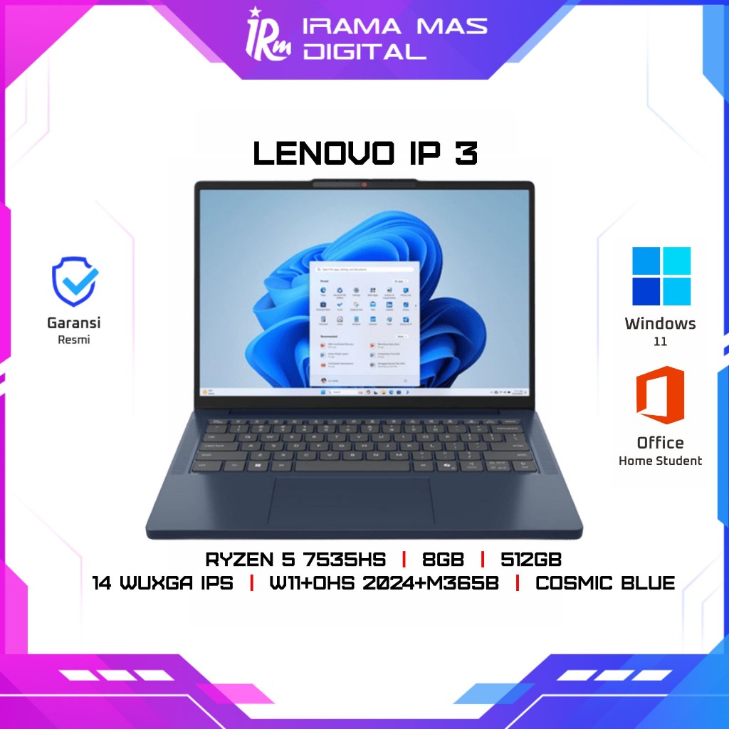 Jual LENOVO IP 3 RYZEN 5 7535HS/8GB/512GB /14 WUXGA IPS/W11+OHS 2024 ...